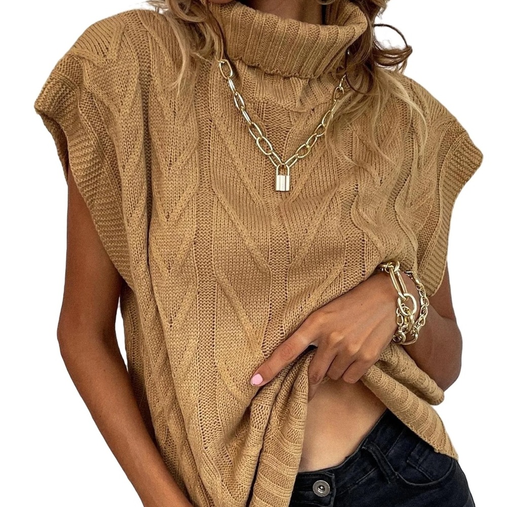 Tan Cowl Neck Cable Knit Sweater